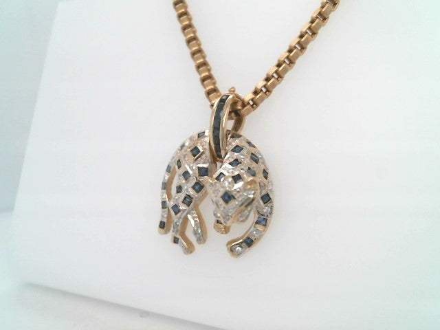 Vintage 14 Karat Yellow Gold Blue & White Sapphire Leopard Pendant With Opening Pearl Enhancer Bail