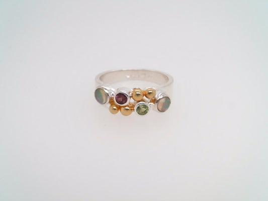 Sterling Silver And 22 Karat Gold Vermeil Ring With 2 Ethiopian Opals, 1 Peridot And 1 Rhodolite Garnet