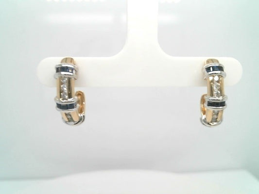 Vintage 14 Karat Yellow & White Gold Diamond & Blue Sapphire 1/2 Hoop Earrings