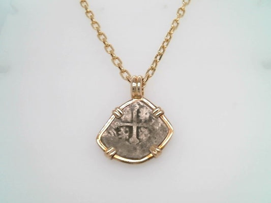 Silver 2 Reale Coin Prong Set in 14 Karat Yellow Gold Bezel Pendant
D