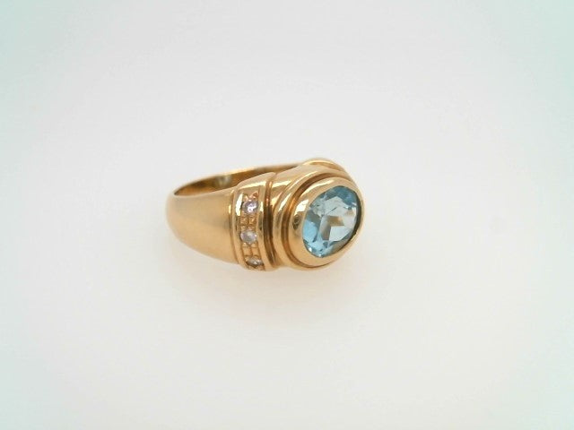 Vintage 18 Karat Yellow Gold Bezel Set Aquamrine Ring With Diamond Accents