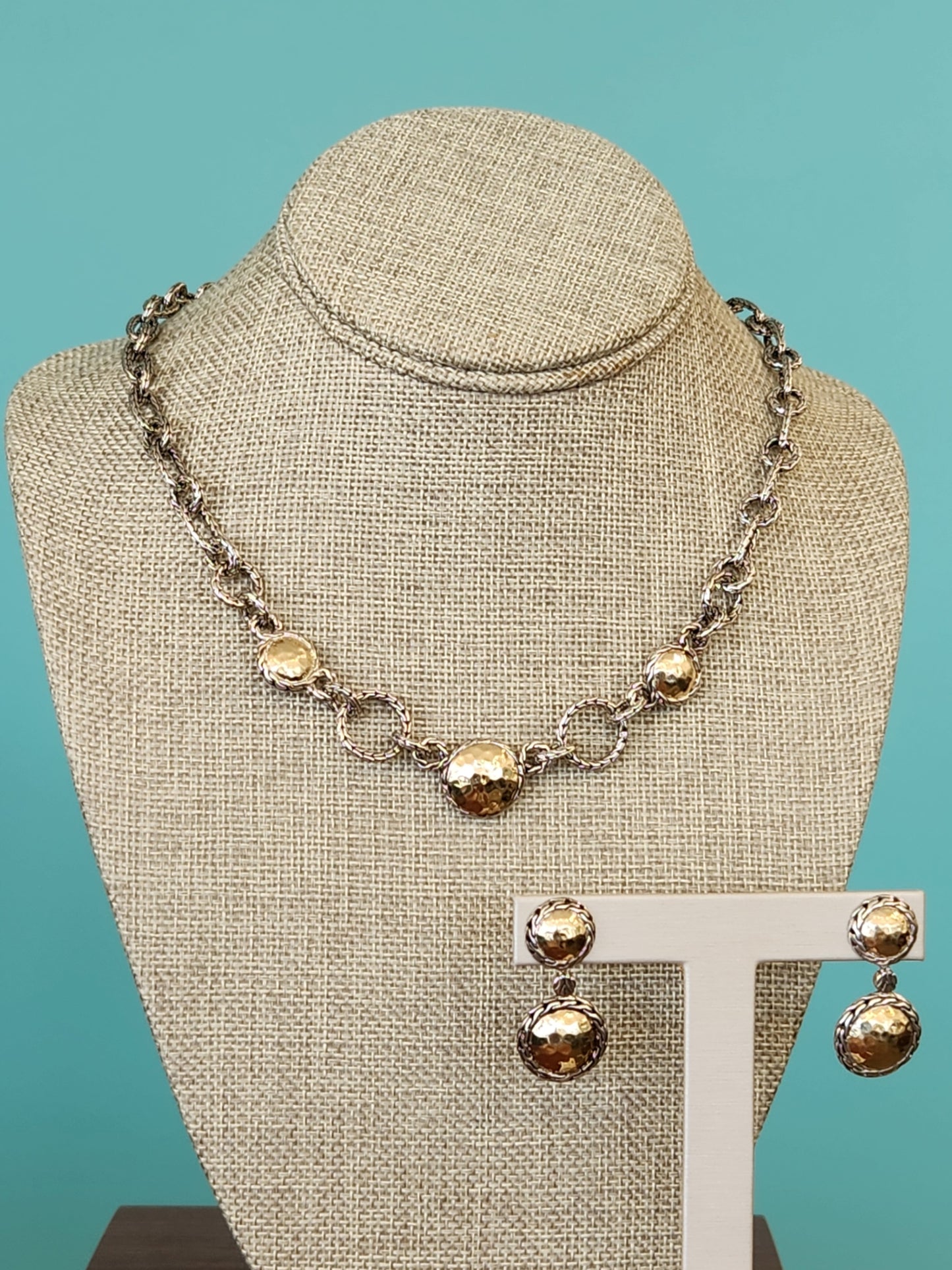 Vintage Sterling Silver & 22 Karat Yellow Gold Hammered Gold Disc & Woven Rope Dangle Earrings,  John Hardy