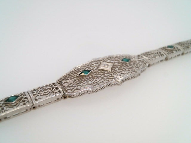 Antique Early Art Deco 10 Karat White Gold Filigree Diamond & Synthetic Emerald Bracelet 7"