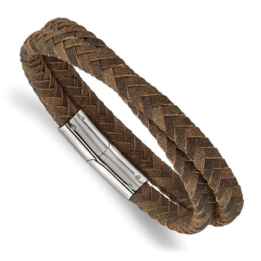 Stainless Steel 6.5 Mm Braided Brown Leather Double Wrap Bracelet, 14.75"
