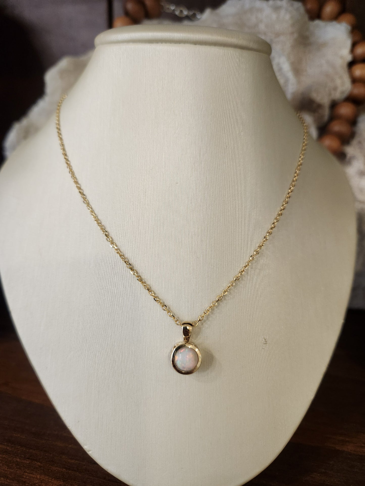 14 Karat Yellow Gold Bezel Set Cabochon White Opal Solitaire Pendant
