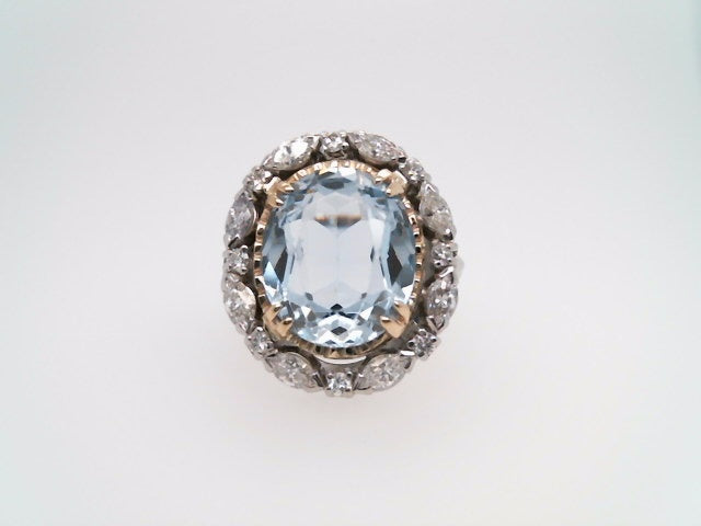 Vintage Platinum & 14 Karat Yellow Gold Oval Light Blue Synthetic Spinel Ring With Marquise & Round Brilliant Diamond Halo