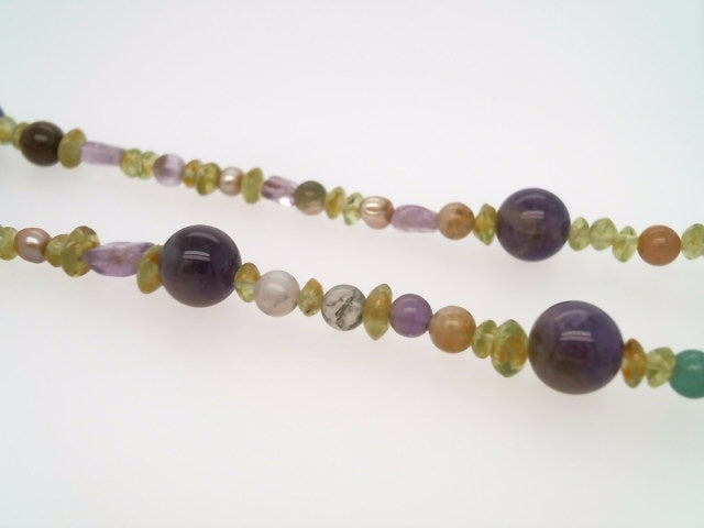 Handmade Sterling Silver Amethyst, Freshwater Pearl, Peridot & Quartz Bead Necklace With Chilean Coin Dated 1925, 22"