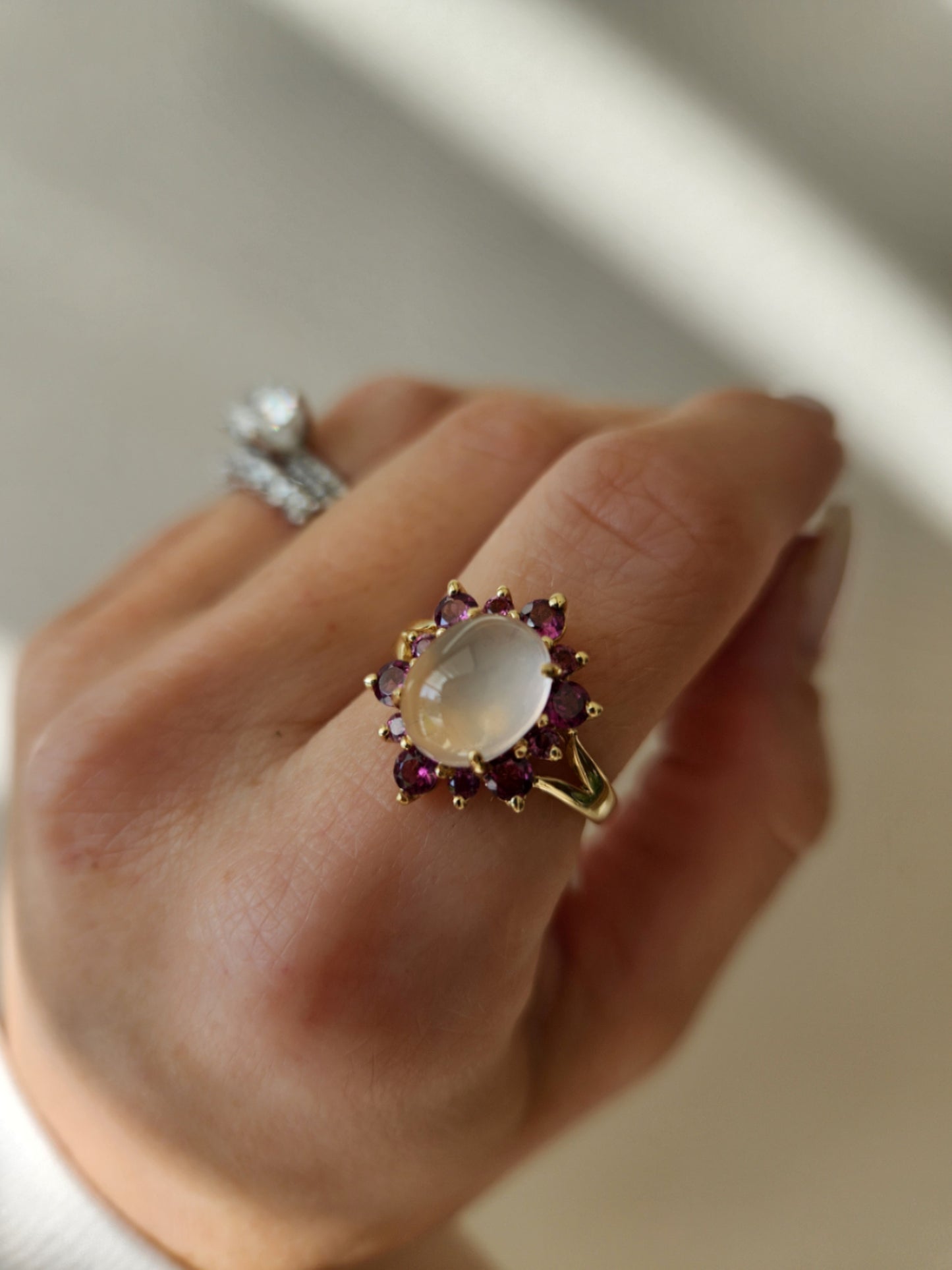 Vintage 14 Karat Yellow Gold Moonstone & Pink Tourmaline Halo Style Ring