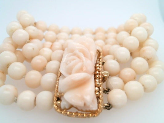 Vintage 4 Strand 18 Karat Yellow Gold Angelskin Coral Bead Bracelet With Handmade Carved Floral Angelskin Coral Clasp 6.75"