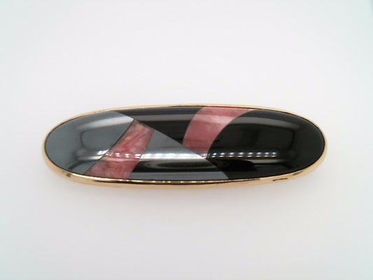 Vintage 14 Karat Yellow Gold Rhodochrosite, Black Onyx, & Hematite Mosaic Gemstone Pin