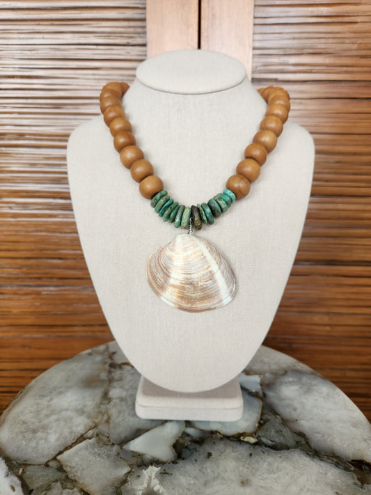 Sterling Silver Vero Beach Quahog Shell, Turquoise & Wood Necklace, 17.5-19..5"