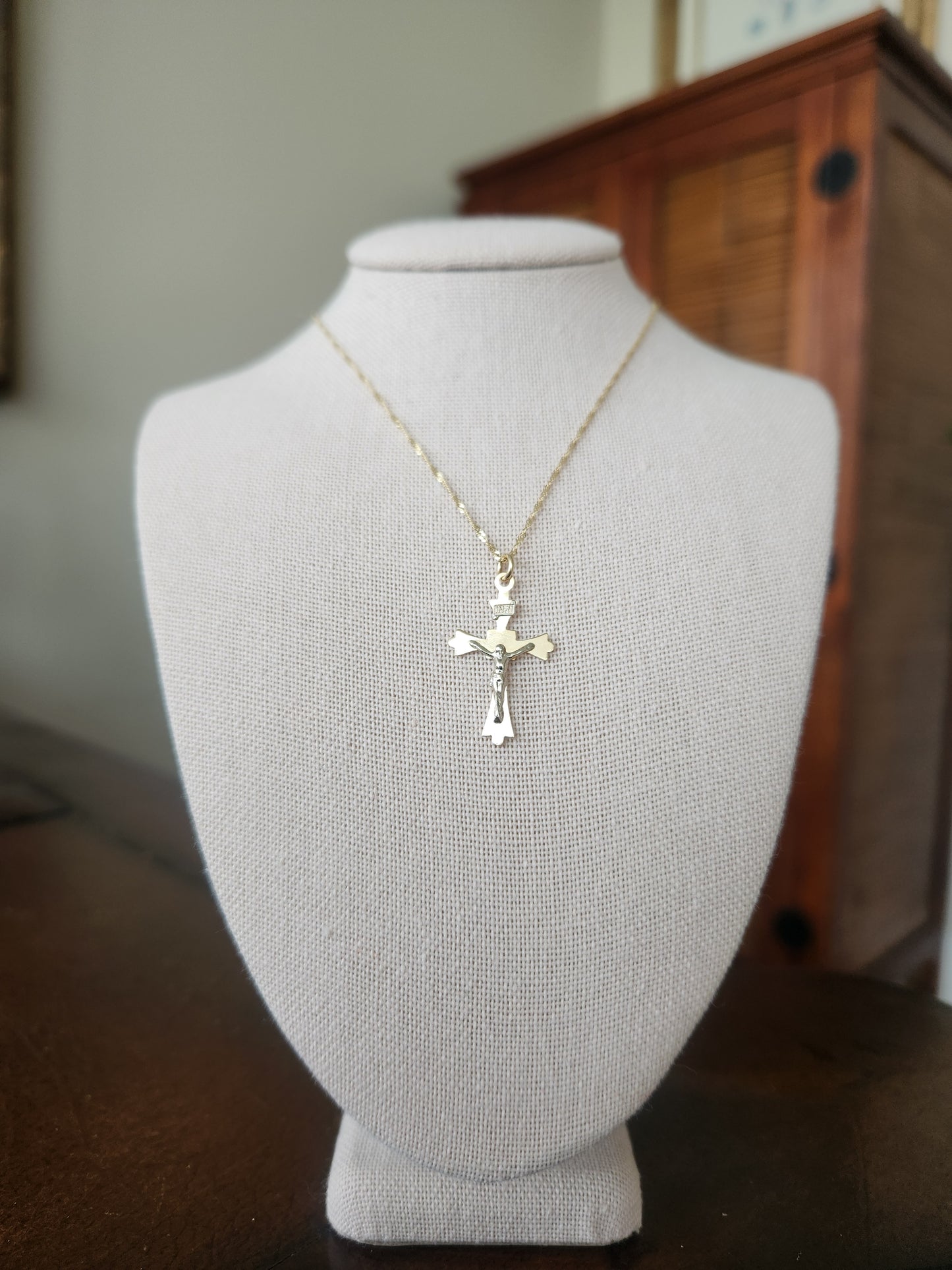 Vintage 14 Karat Yellow & White Gold Crucifix Necklace, 16"