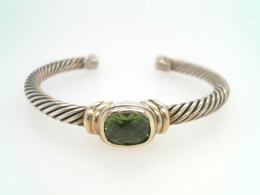 Vintage Sterling Silver & 14 Karat Yellow Gold Peridot "Cable" Cuff Bracelet, Signed David Yurman
