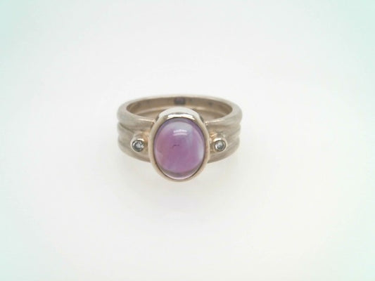 Sterling Silver "Orbit" Cabochon Amehtyst Ring With Diamond Accents