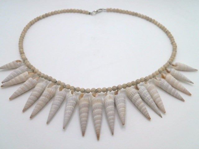 Sterling Silver Beige Marble And Florida Auger Seashell "Spike" Necklace 18.5"