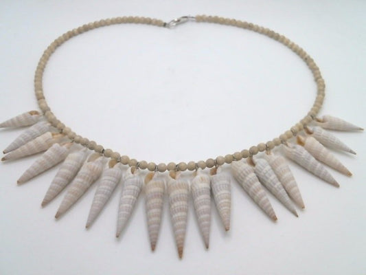Sterling Silver Beige Marble And Florida Auger Seashell "Spike" Necklace 18.5"