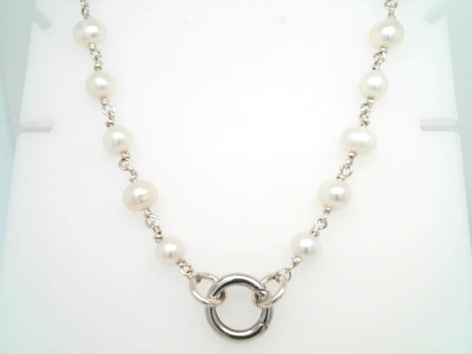 Sterling Silver 8 Mm White Freshwater Pearl Link Chain Necklace With Opening Circle Bail Clasp, 18"