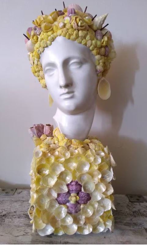 Shell Incrusted Bust Statue With Hand Picked Florida Sea Shells & Barn