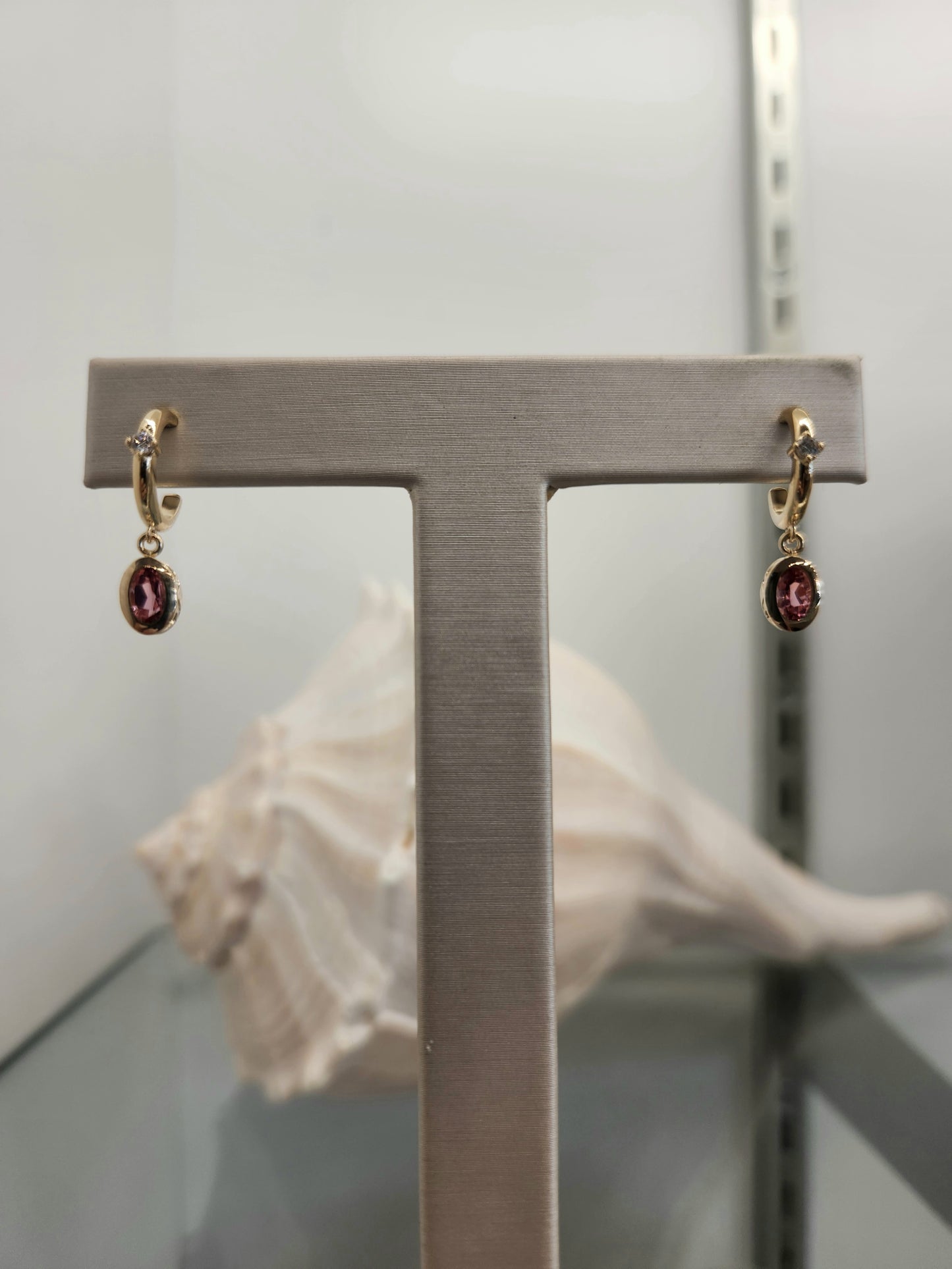 14 Karat Yellow Gold Diamond Accent 1/2 Hoop Earrings With Pink Tourmaline Dangle