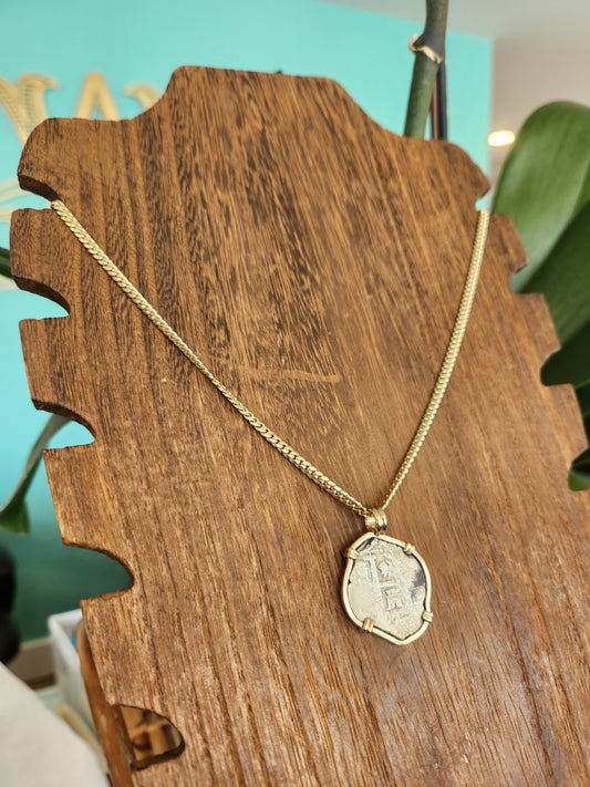 Spanish Shipwreck 2 Reale in 14K Yellow Gold  Pendant (Chain Sold Sepe