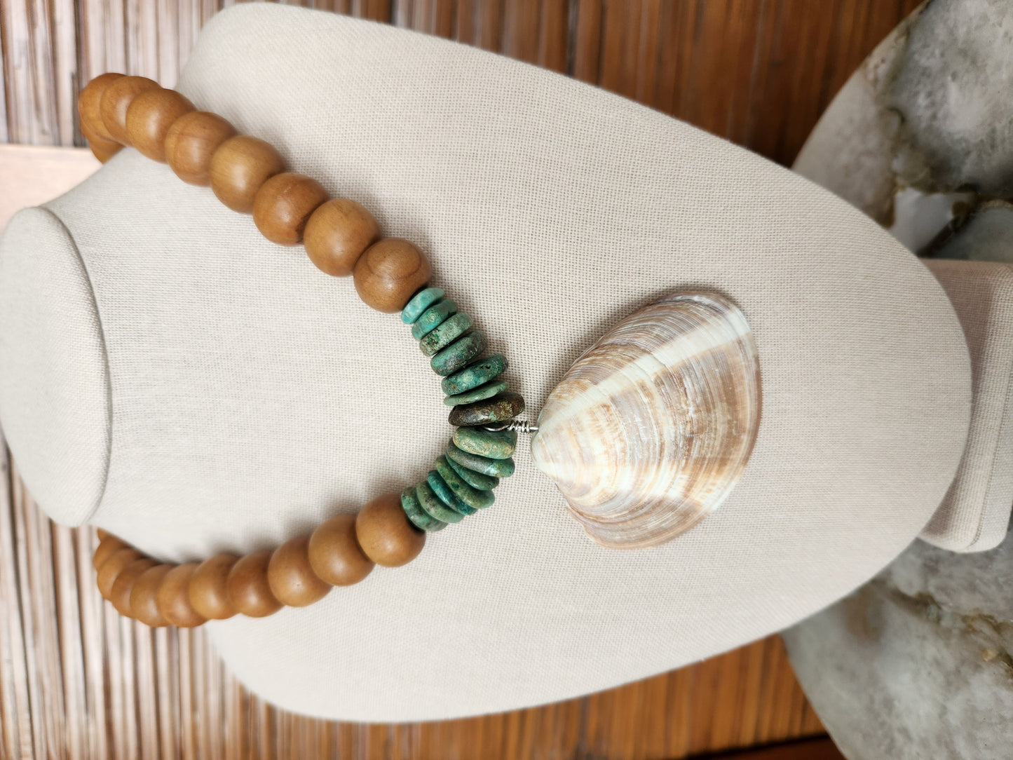 Sterling Silver Vero Beach Quahog Shell, Turquoise & Wood Necklace, 17.5-19..5"