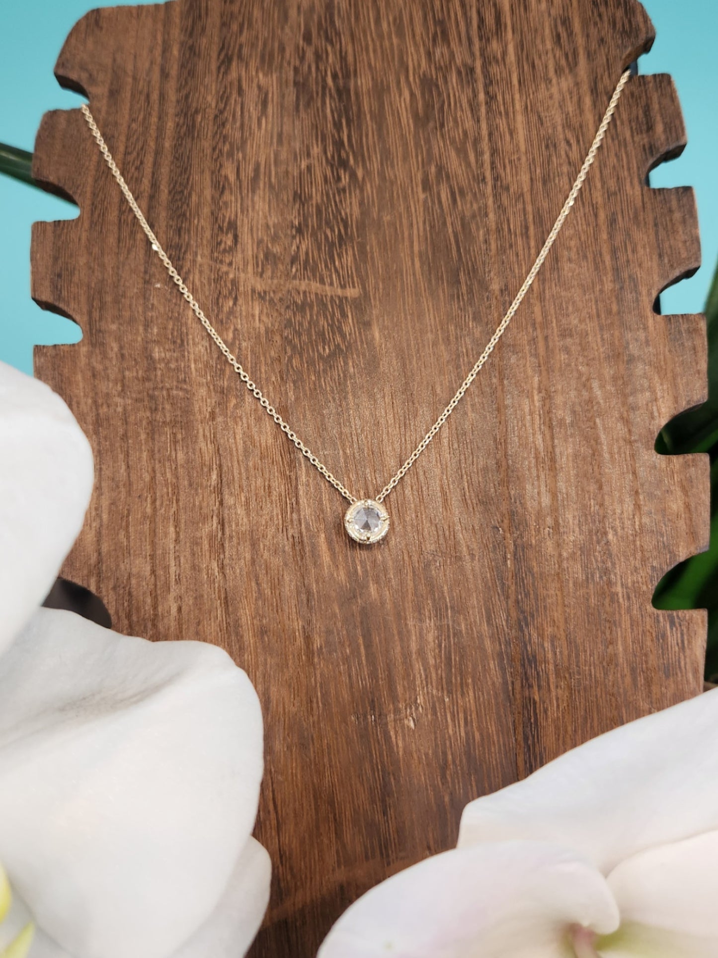 14 Karat Yellow Gold Rose Cut Diamond Necklace With Hidden Diamond Halo, 16-18"
