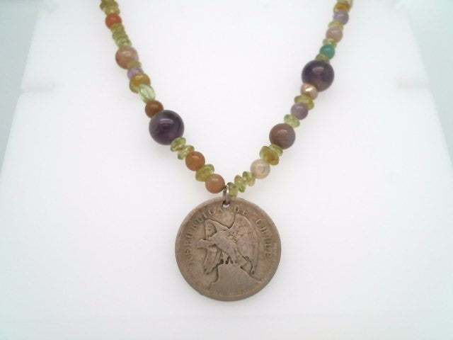 Handmade Sterling Silver Amethyst, Freshwater Pearl, Peridot & Quartz Bead Necklace With Chilean Coin Dated 1925, 22"