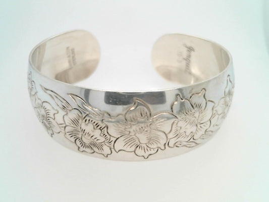 Vintage Sterling Silver "Daffodil" Etched Cuff Bangle Bracelet, Signed S. Kirk & Sons, Jonquil