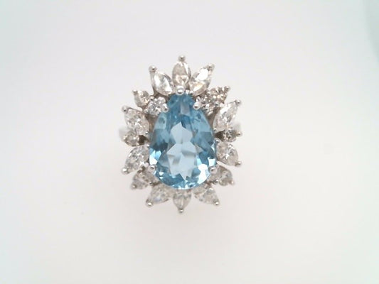Vintage 14 Karat White Gold Pear Shaped Blue Topaz & Diamond Cocktail Style Ring