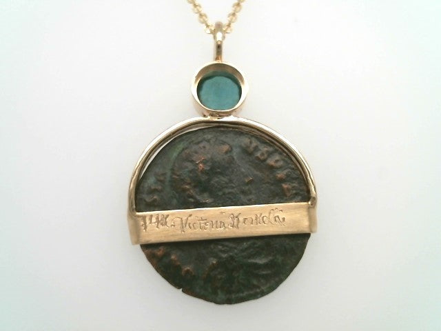 14 Karat Yellow Gold Ancient Roman Bronze Coin Pendant With Emerald