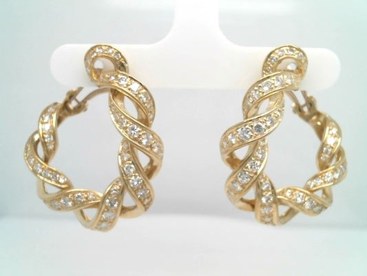 Vintage 18 Karat Yellow Gold "Twisted Ribbon" Diamond Hoop Earrings