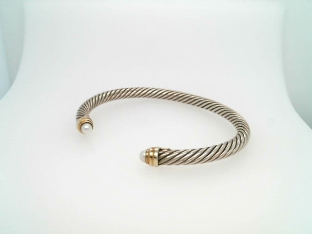 Vintage Sterling Silver & 14 Karat Yellow Gold Pearl "Cable" Cuff Bracelet, Signed David Yurman