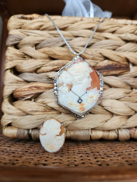 Antique 14 Karat White Gold Carved Seashell Cameo Pin/Pendant With Diamond Necklace