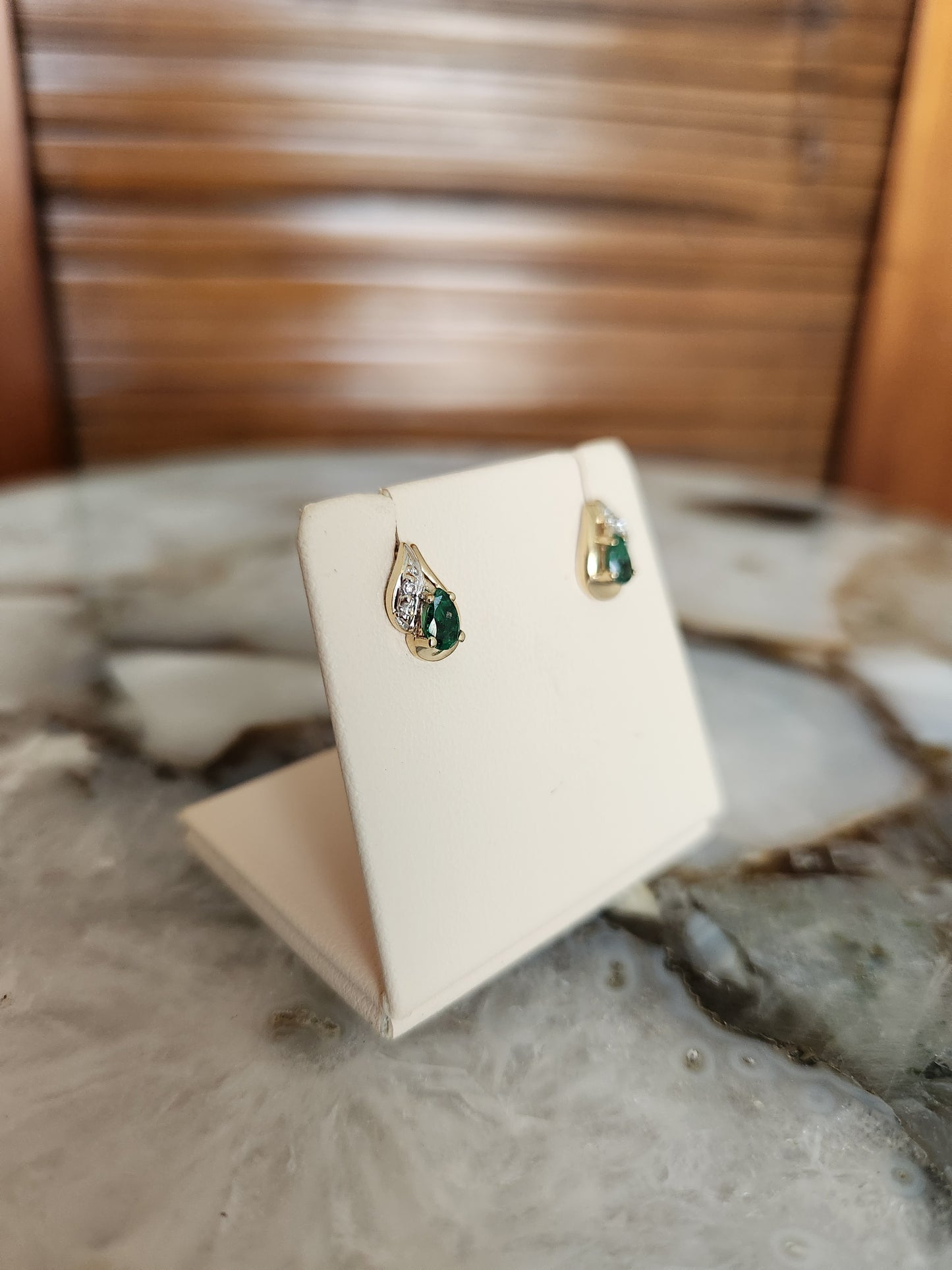 Vintage 10 Karat Yellow Gold Pear Shaped Emerald Earrings With Diamond Accents