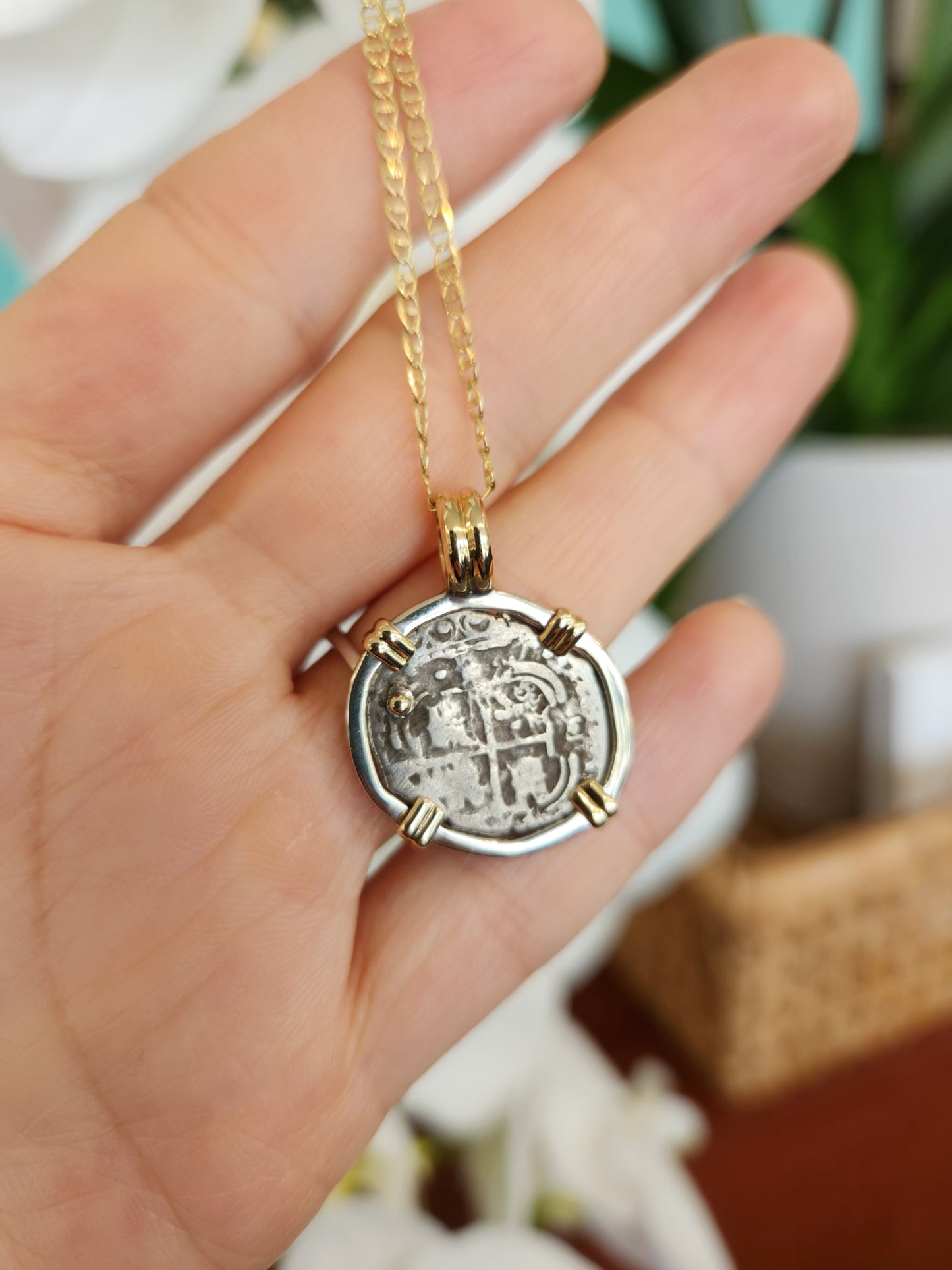 Spanish Shipreck 1 Reale in 14K Yellow Gold and Sterling Silver Pendan