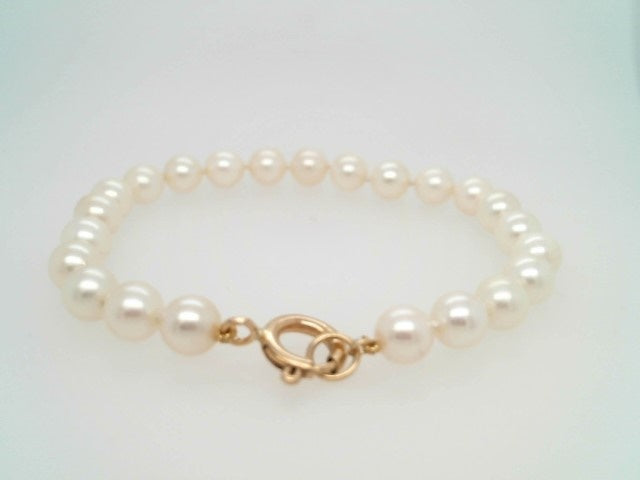 14 Karat Yellow Gold 6.5 Mm Near Round Cream Cultured Akoya Pearl Bracelet, 7"