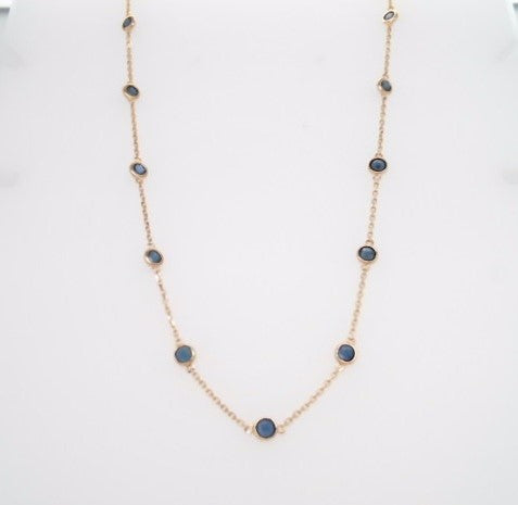 14 Karat Yellow Gold Bezel Set Blue Sapphire "By The Yard" Style Necklace 18" With A Loop At 16" And 17" For Adjustable Length