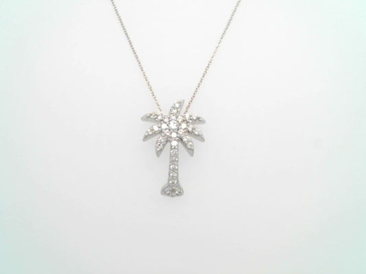 14 Karat White Gold Medium Diamond Palm Tree Necklace, 18"