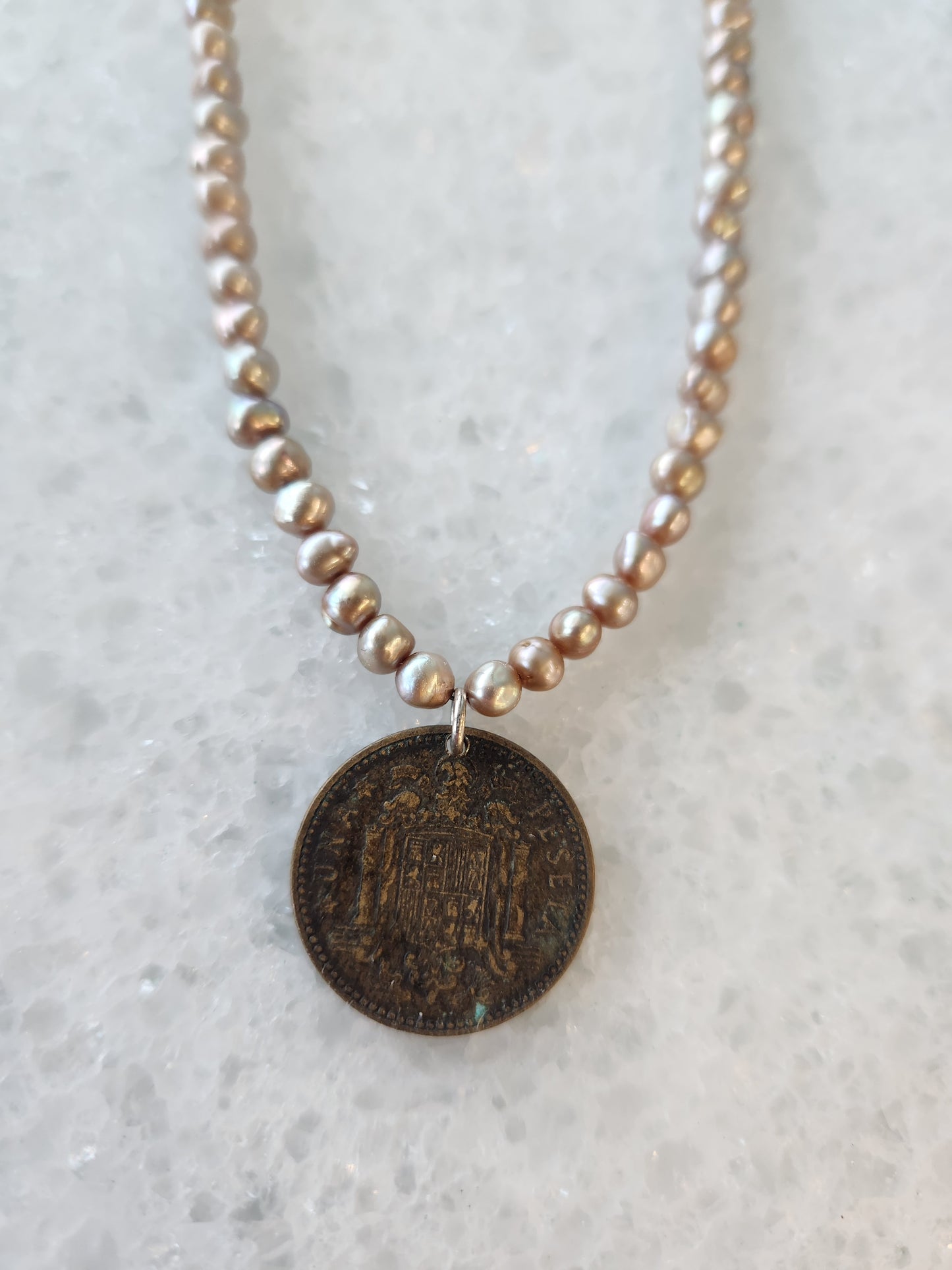 Handmade Sterling Silver Freshwater Pearl Necklace With Peruvian Coin Dated 1943, 18"