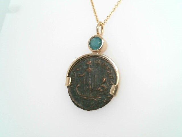 14 Karat Yellow Gold Ancient Roman Bronze Coin Pendant With Emerald