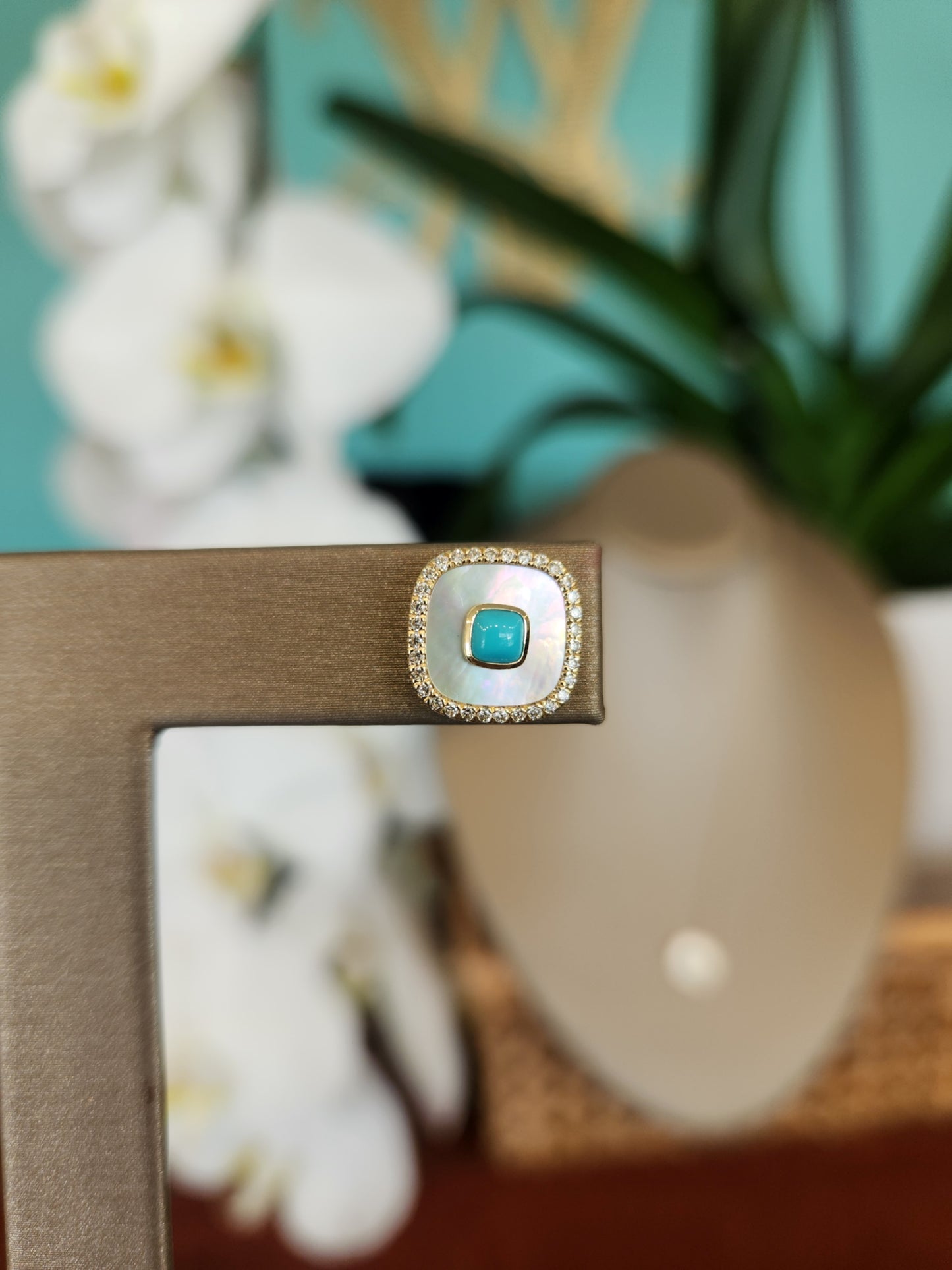 14 Karat Yellow Gold Cushion Shaped Mother Of Pearl, Turquoise & Diamond Earrings