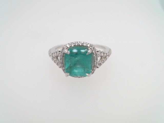 14 Karat White Gold Emerald & Diamond Halo Style Ring With Split Shank