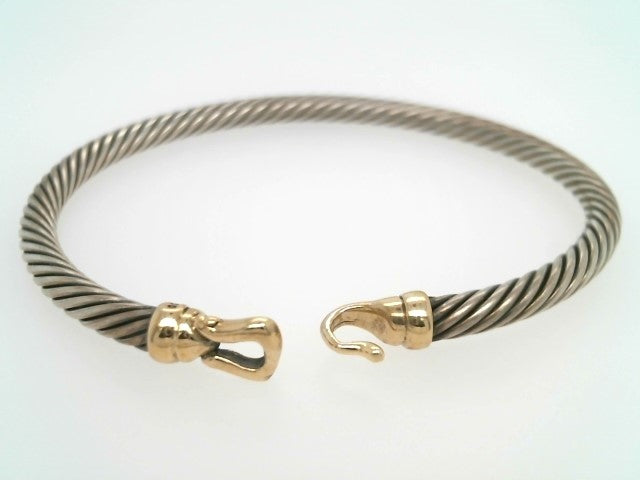Vintage Sterling Silver & 14 Karat Yellow Gold "Cable" Hook Clasp Bangle Bracelet, Signed David Yurman