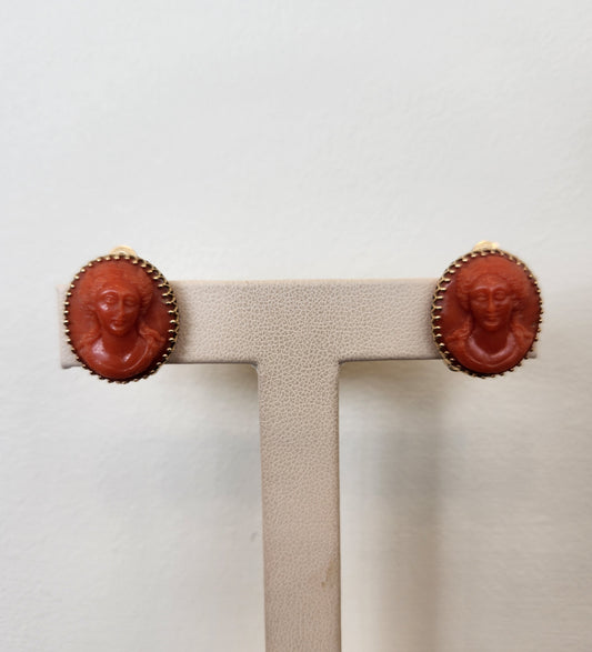 Vintage 14 Karat Yellow Gold Carved Coral Cameo Clip Earrings