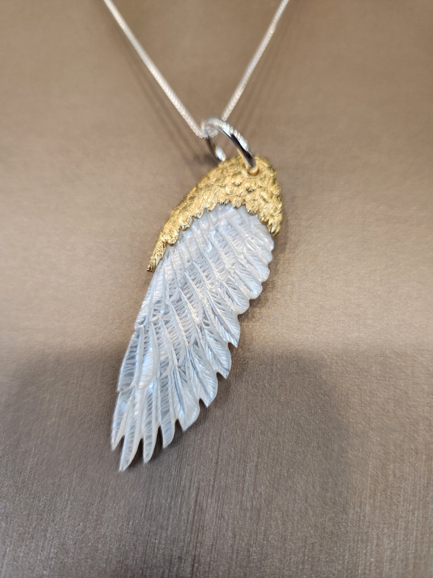 Sterling Silver and 22 Karat Vermeil Carved Mother of Pearl Angel Wing Pendant and Chain