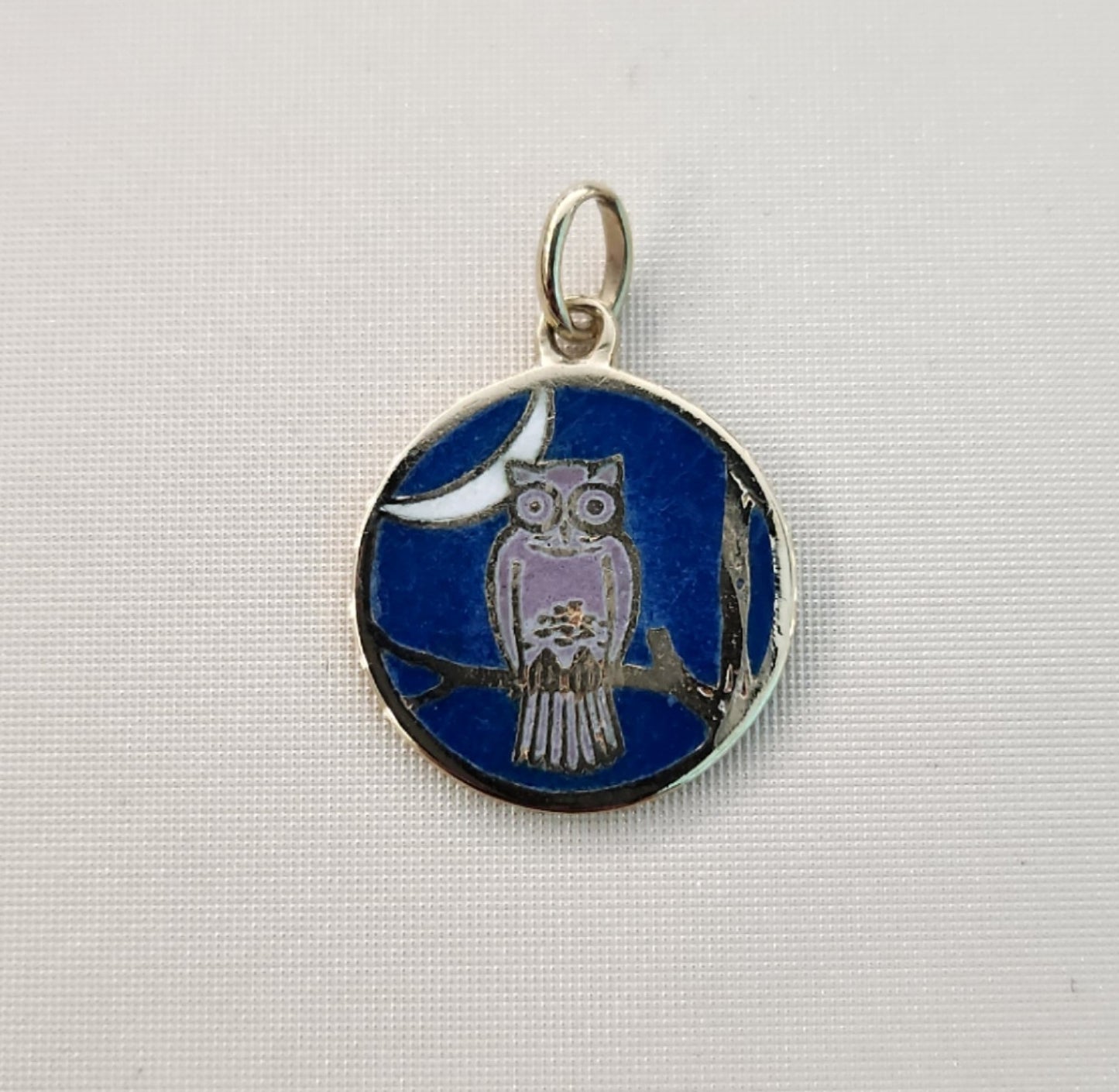 Vintage 14 Karat Yellow Gold 14 Mm French Enamel Owl & Moon Disc Charm