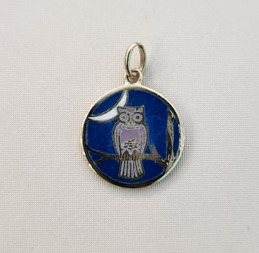 Vintage 14 Karat Yellow Gold 14 Mm French Enamel Owl & Moon Disc Charm
