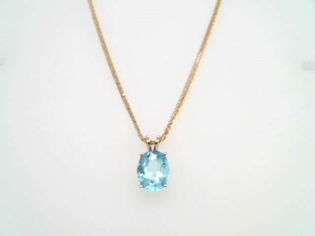 14 Karat Yellow Gold Oval Blue Topaz 4 Prong Set Solitaire Pendant