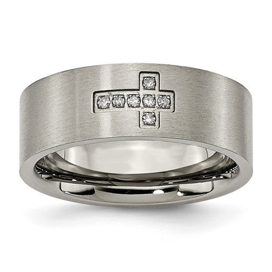 Titanium Brushed Diamond Cross 8 Mm Flat Band Size 10