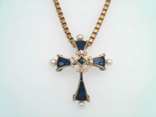 Vintage 14 Karat Yellow Gold Blue Enamel, Sapphire, Diamond & Pearl Cross Pendant